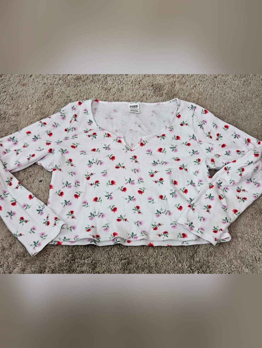 PINK Victoria's Secret White Waffle Knit Top with Pink & Red Floral Accents